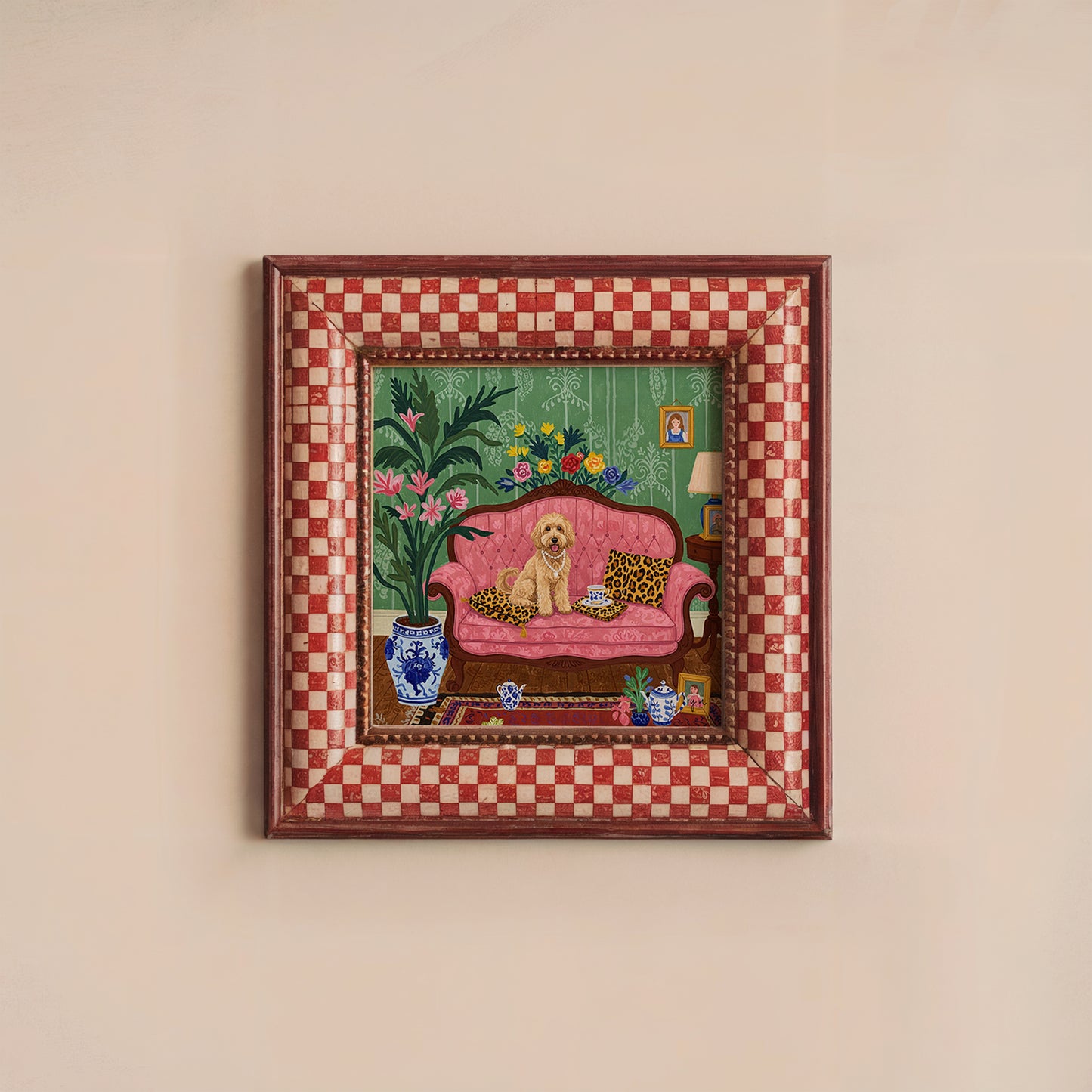 Elegant Dog on Pink Sofa Wall Art – Vintage Style Pet Print with Floral Decor & Tea Set Poster
