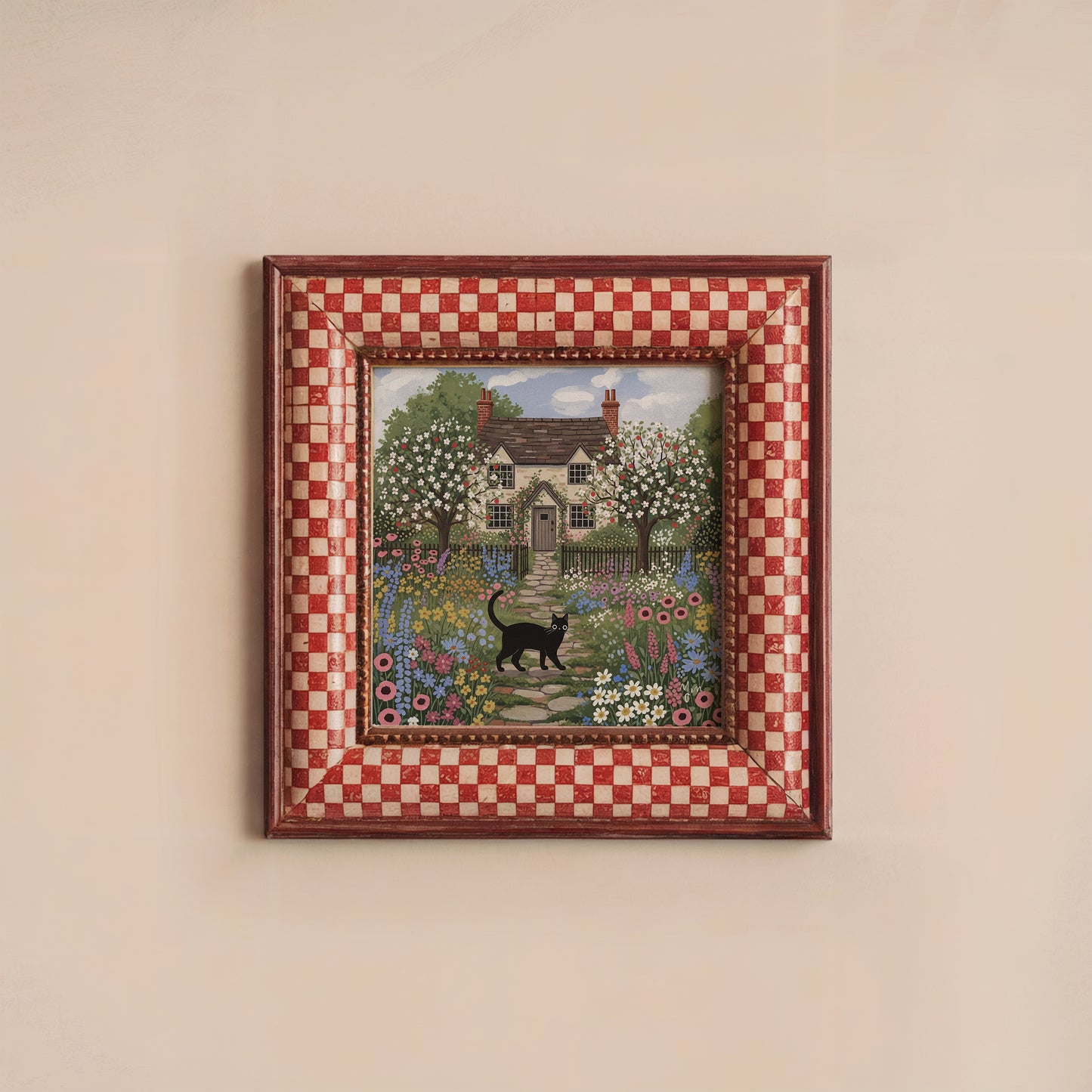 Whimsical Cottage Garden Art Print with Black Cat – Floral Countryside House Illustration for Home Decor Poster