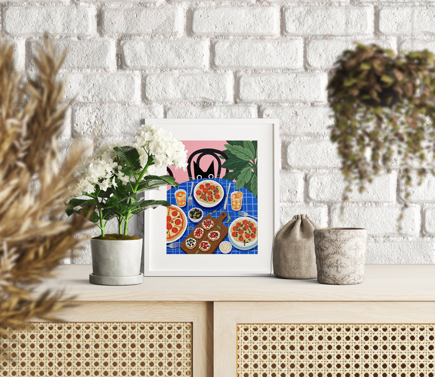 A playful illustration featuring a black cat peeking from behind a pink-backed chair at a colorful table filled with Italian food. The blue checkered table is covered with spaghetti topped with cherry tomatoes, a tomato and cheese pizza, olives, bruschetta, and iced drinks. A lush green plant decorates the scene, creating a cozy and inviting vibe. The curious black cat adds humor and charm, making this the perfect artwork for kitchens, dining rooms, or cat and food lovers.

