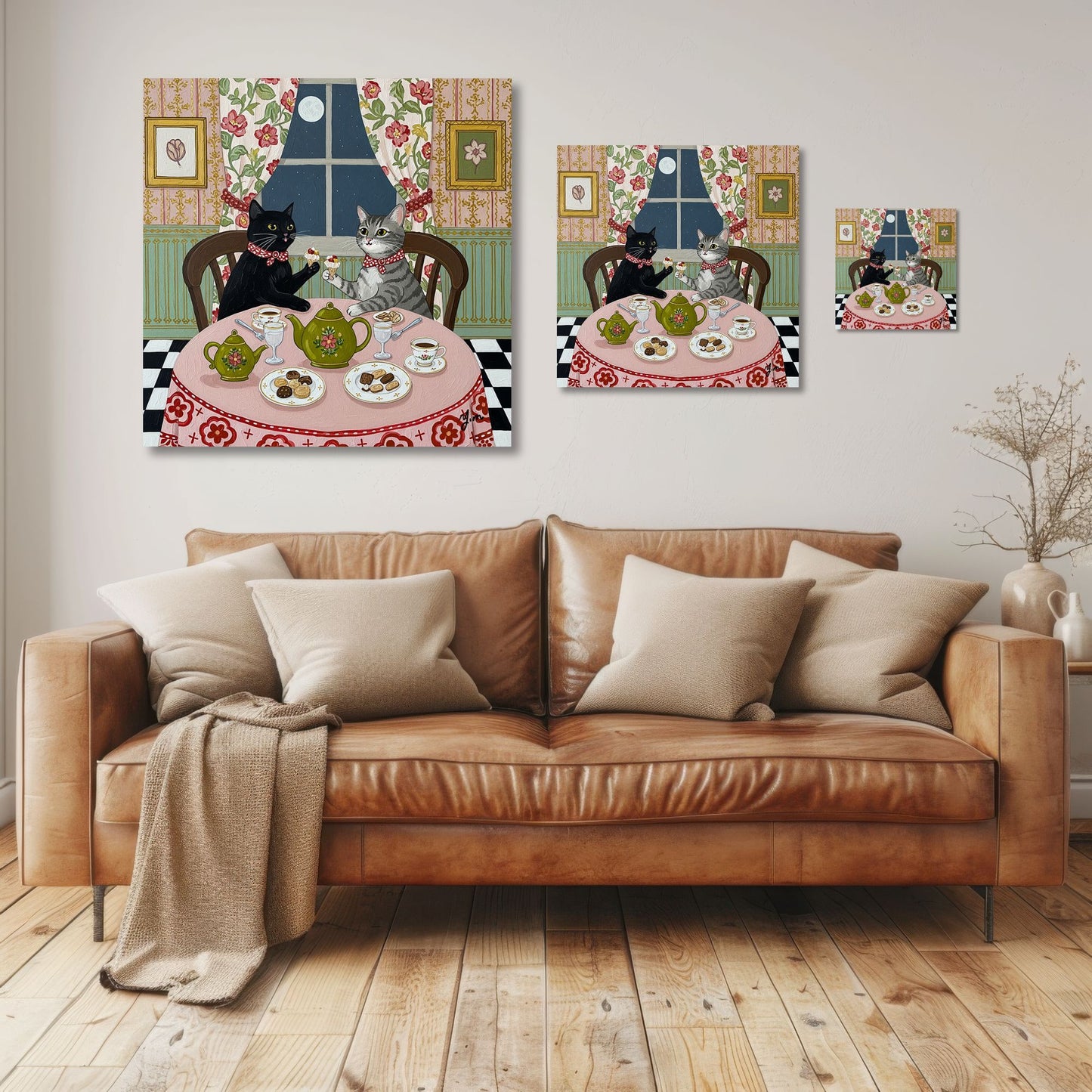 Two Cats Having Tea Under the Moon Whimsical Vintage Style Cat Illustration Print by YunaMoona