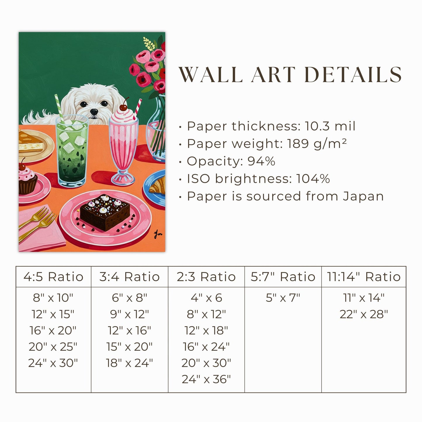 Cute White Dog at Colorful Dessert Table Green Background Illustration Print Art