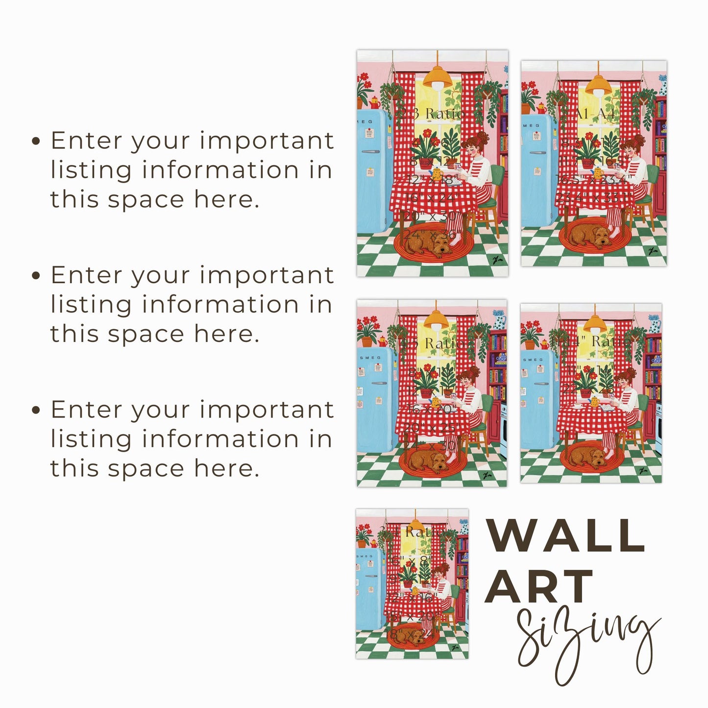 Cozy Kitchen Illustration with Red Checkered Curtains and Brown Goldendoodle Dog Print