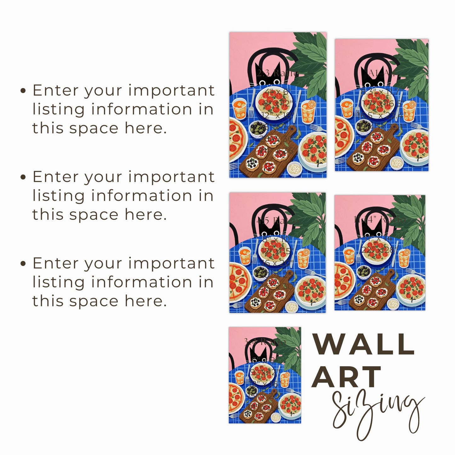 Black Cat Peeking at Italian Food Table Cute Funny Illustration Art Print Poster