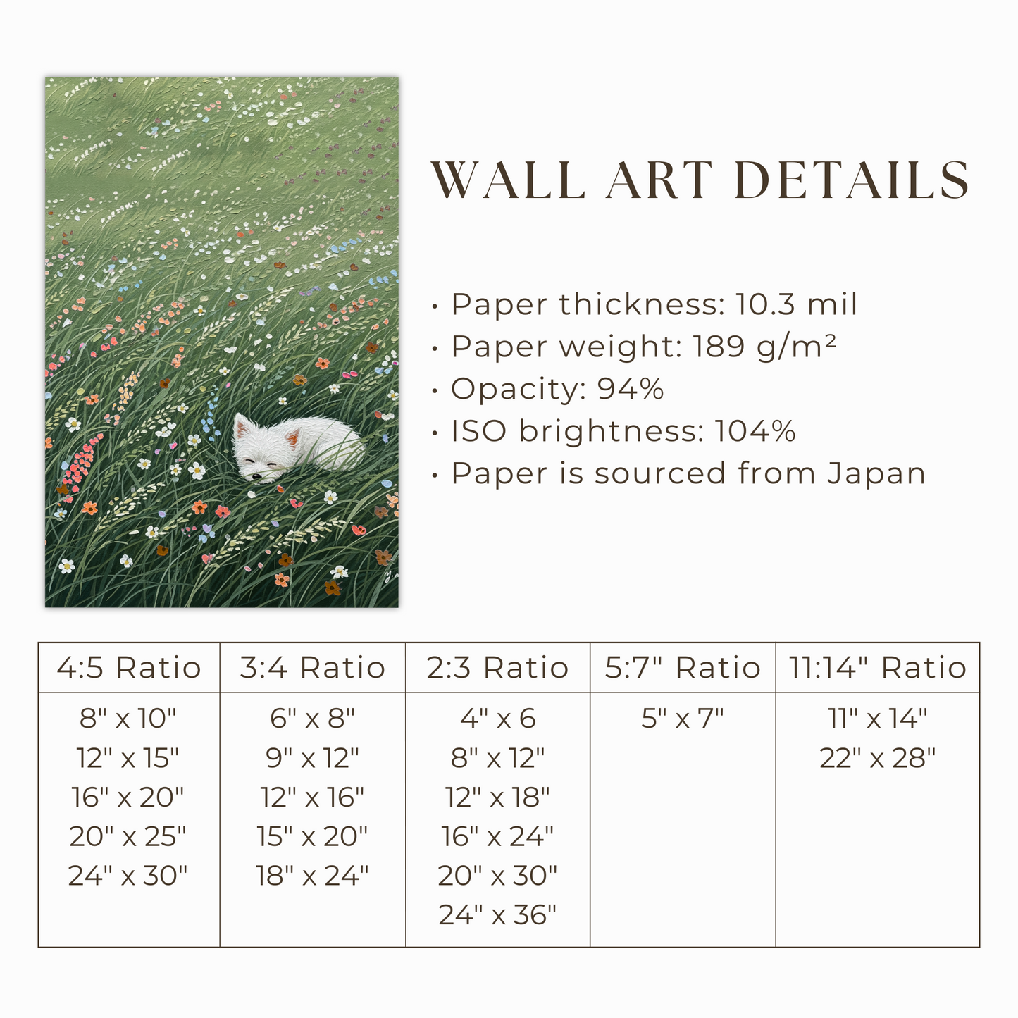 White Dog Sleeping in Wildflower Meadow – Whimsical Nature Art Print Poster