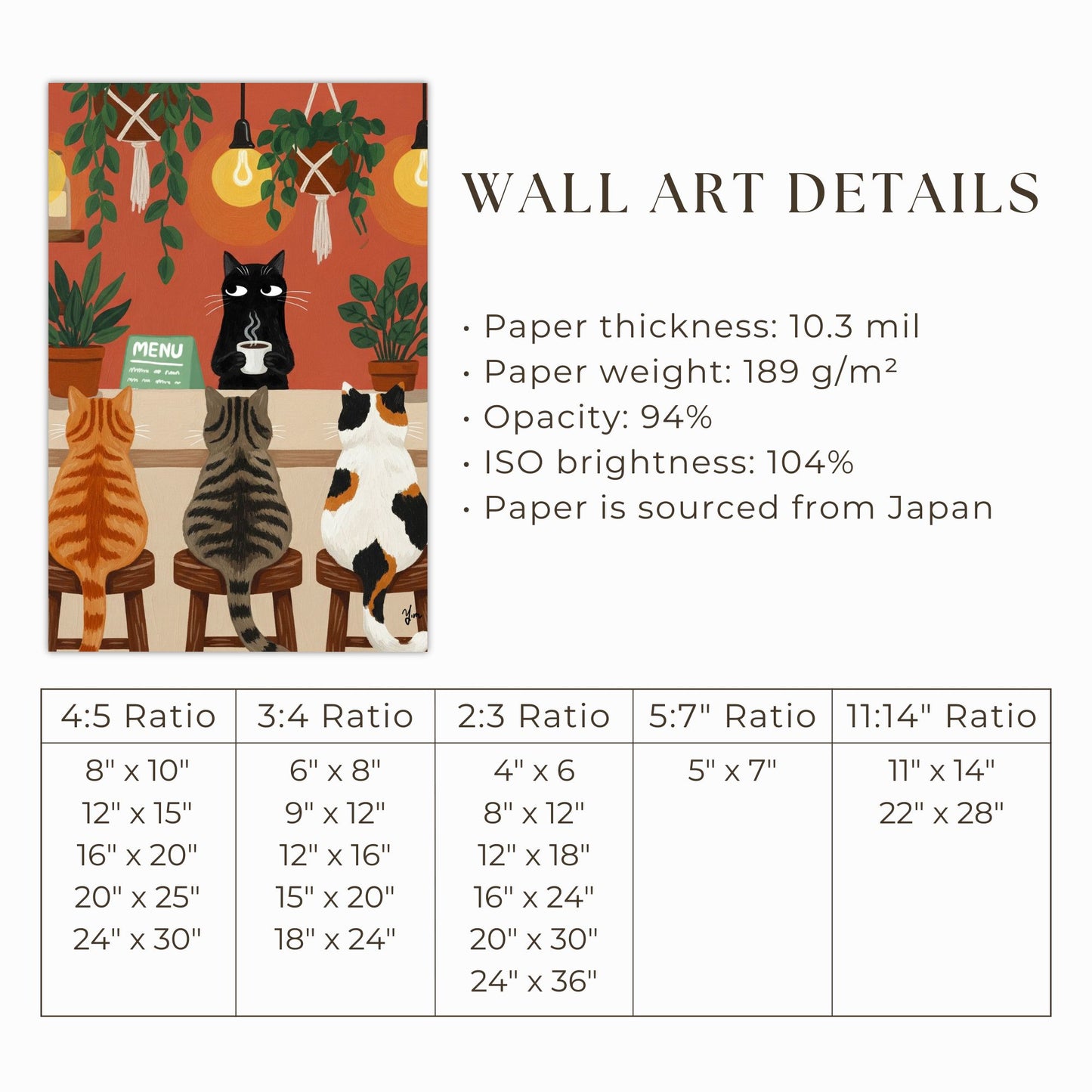 Whimsical Cat Café Art Print – Cozy Feline Coffee Scene with Hanging Plants Print Poster