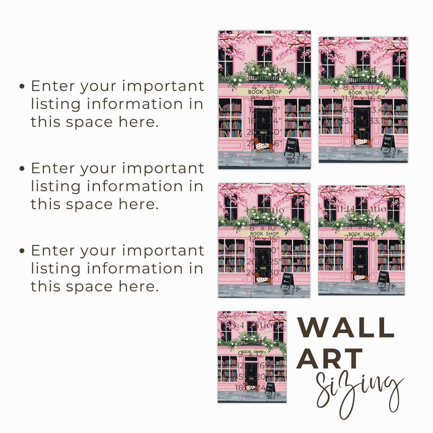 Pink Bookshop with Dachshund Illustration Spring Cherry Blossom Art Print Poster