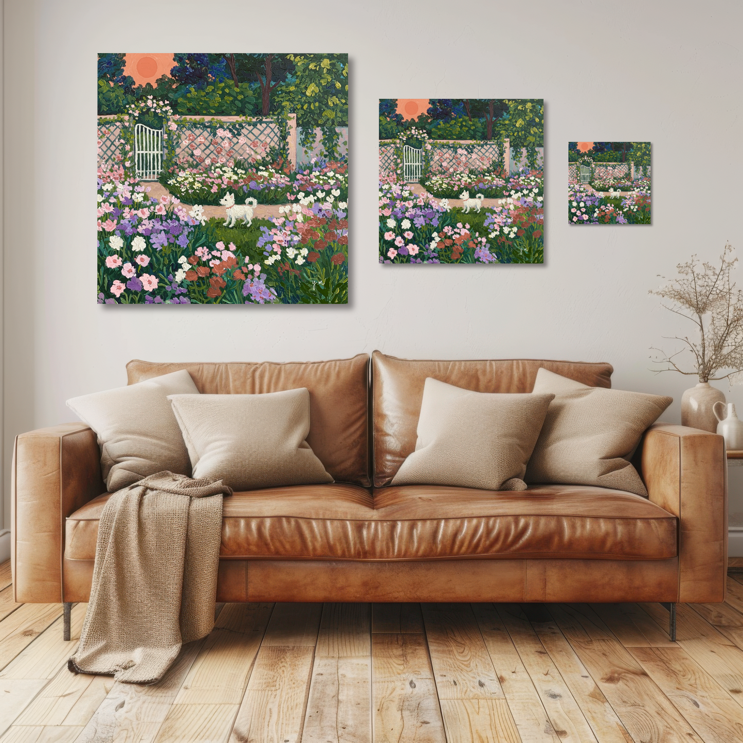 White Dog in a Secret Garden – Whimsical Floral Landscape Art Print Poster