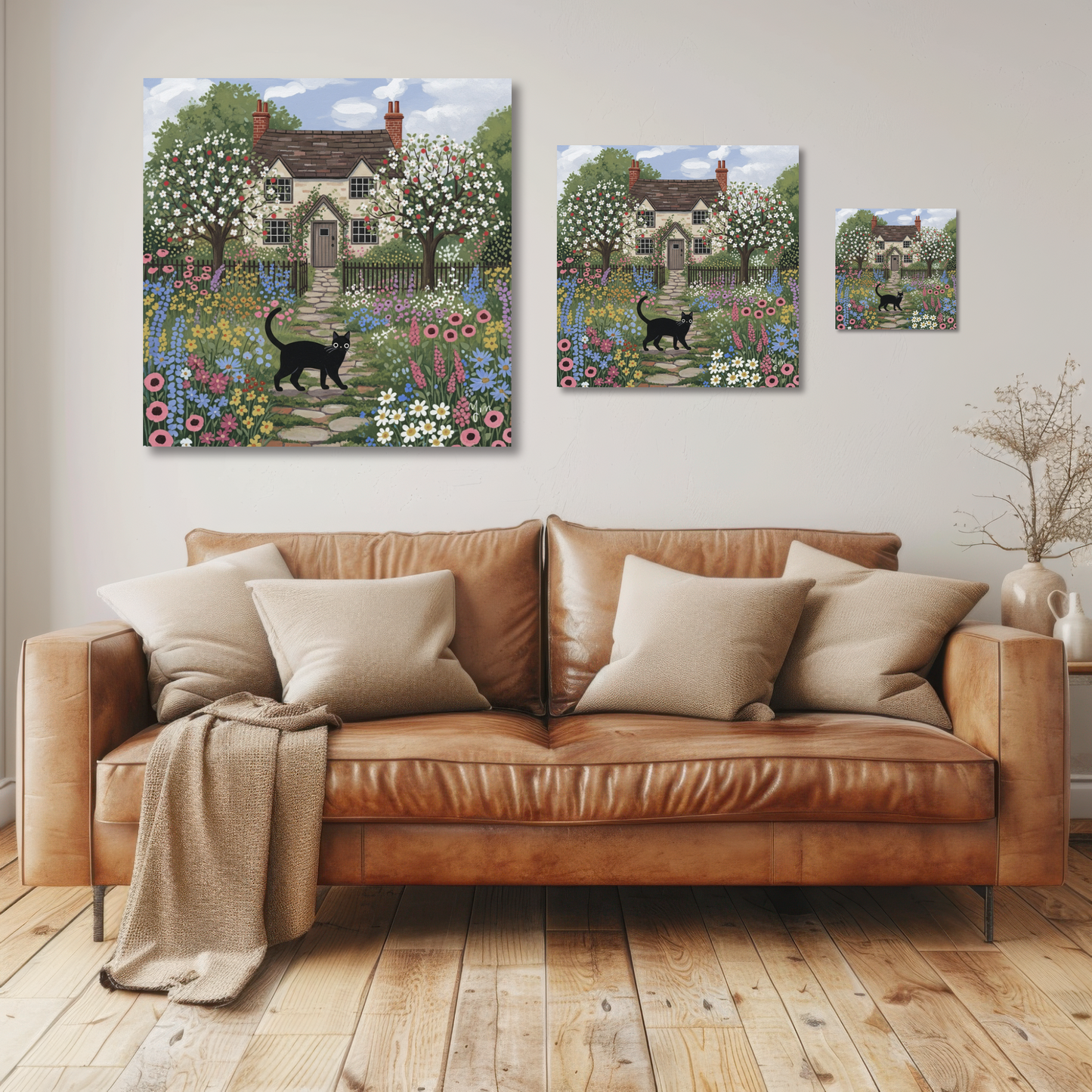 Whimsical Cottage Garden Art Print with Black Cat – Floral Countryside House Illustration for Home Decor Poster