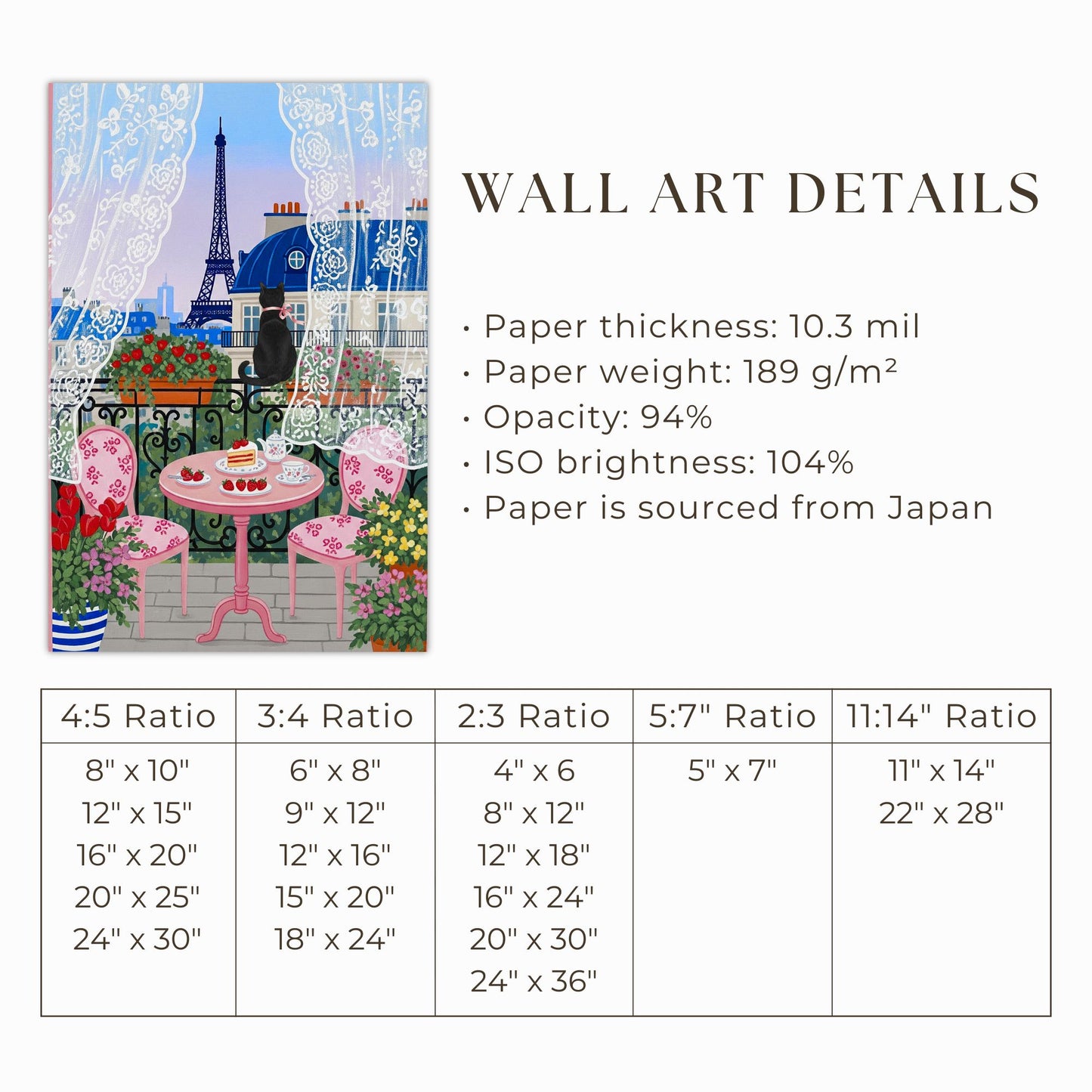 Paris Balcony Art Print with Eiffel Tower Black Cat Lace Curtains and Pink Café Table Scene