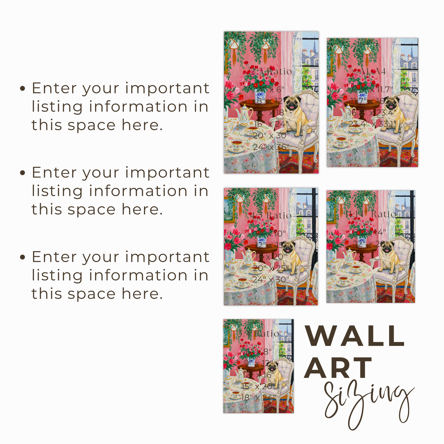 Pink Aesthetic Room Print Whimsical Pug Tea Time in Paris Maximalist Pink Room Art French Chic Pug Illustration