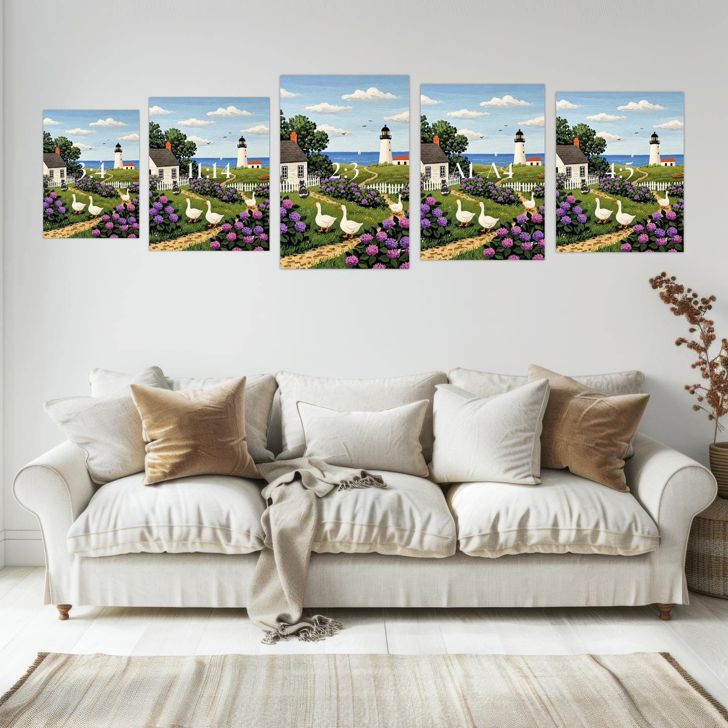 Countryside Ocean Landscape Painting Countryside Ocean Lighthouse Handdrawn Coastal Wildflower Field Cat Art Ducks Beach Illustration Animal Cat