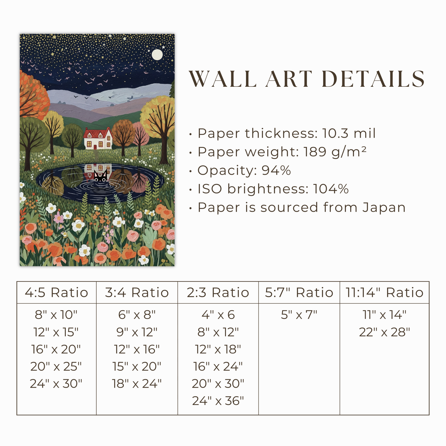 Whimsical Autumn Cat Art Print – Starry Night Cottage Landscape with Black Cat Reflection Poster