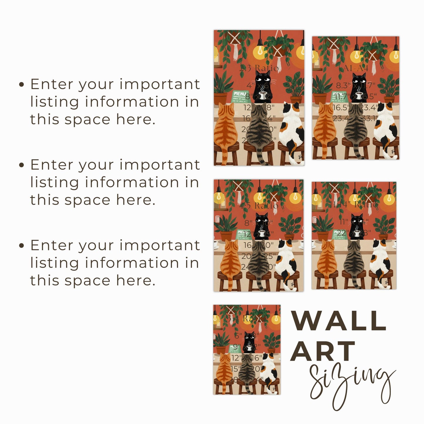 Whimsical Cat Café Art Print – Cozy Feline Coffee Scene with Hanging Plants Print Poster