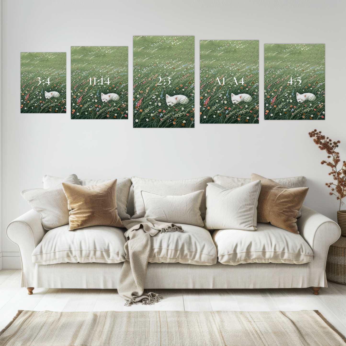 White Dog Sleeping in Wildflower Meadow – Whimsical Nature Art Print Poster