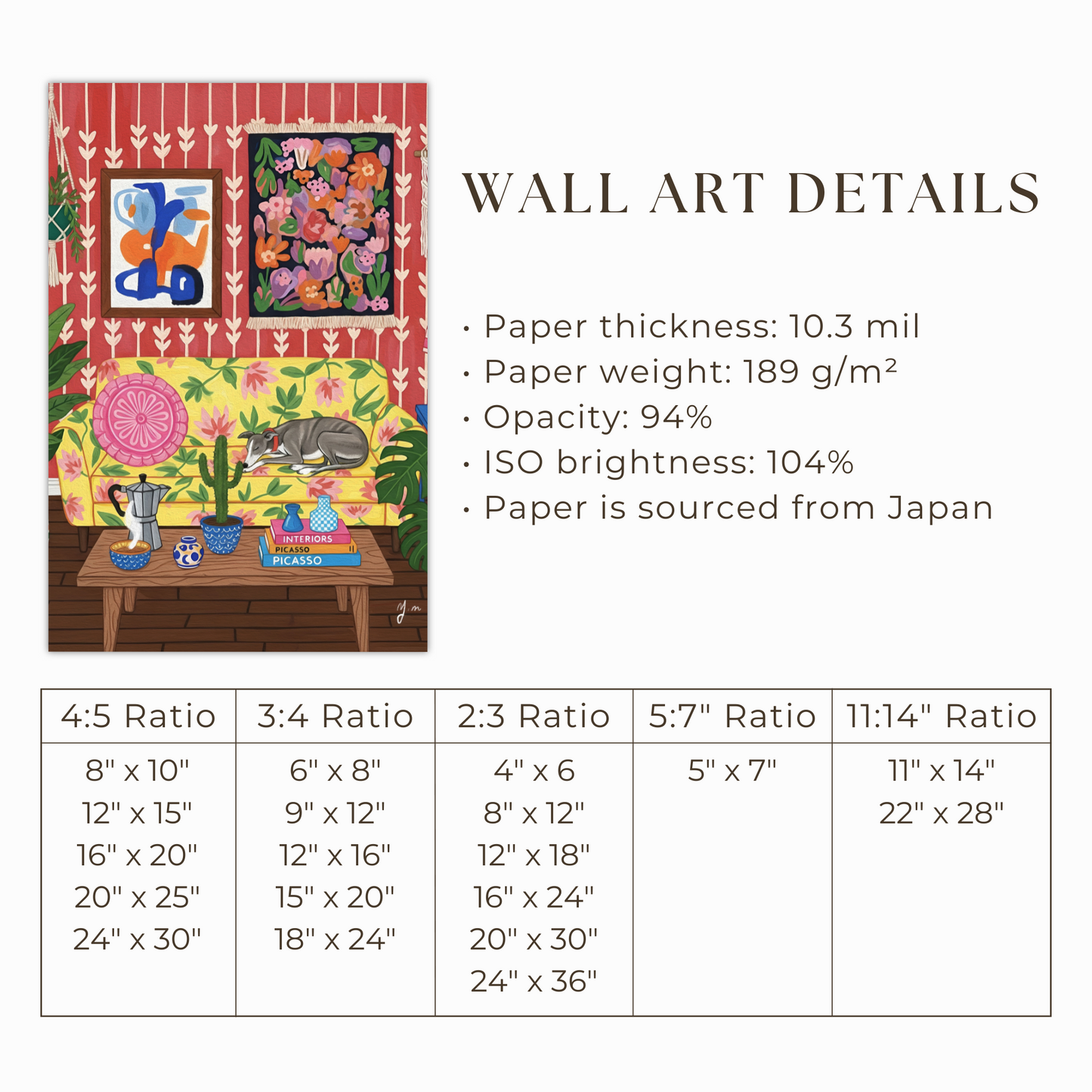 Whimsical Greyhound Living Room Art Print Dog Sleeping on Floral Sofa Boho Interior Illustration Poster