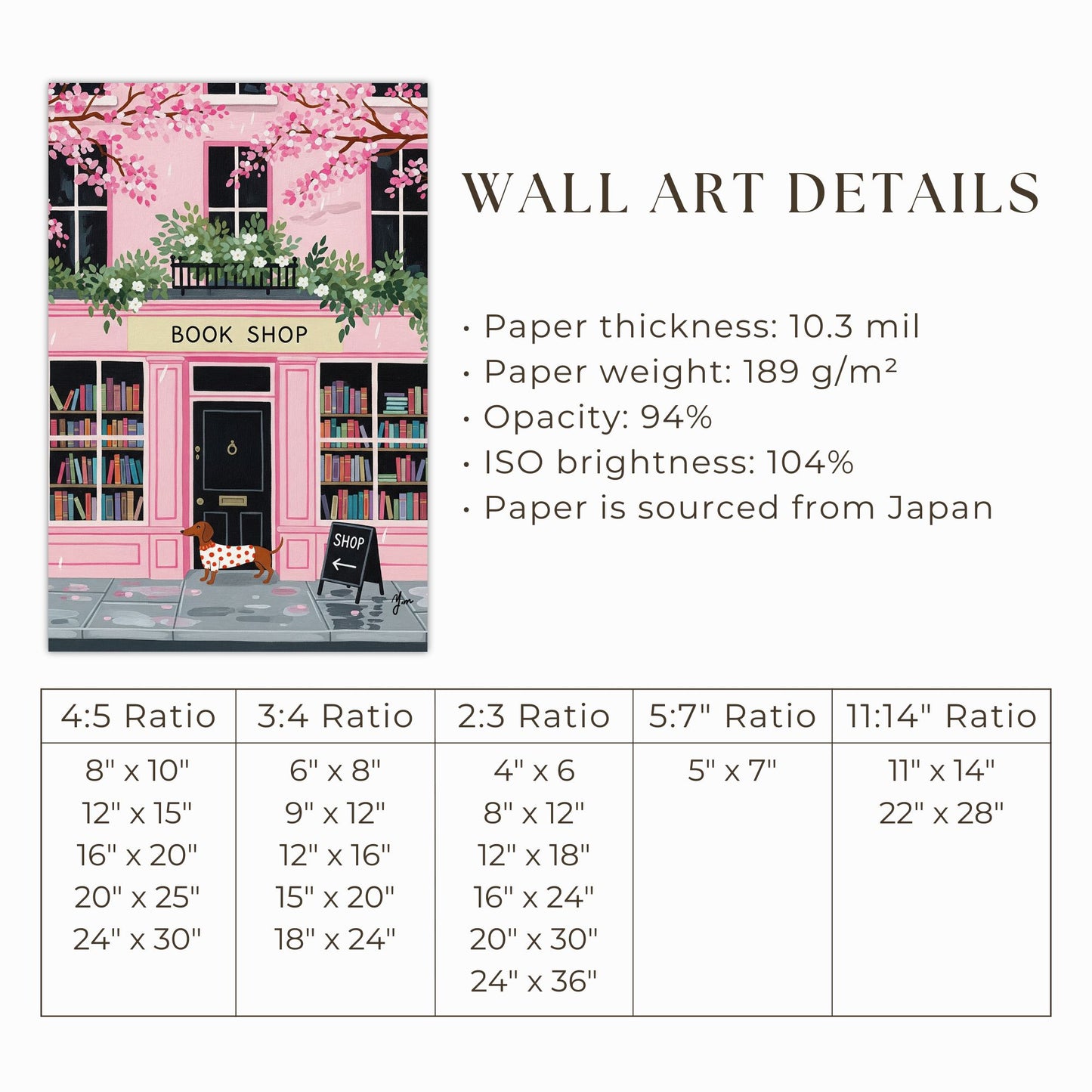 Pink Bookshop with Dachshund Illustration Spring Cherry Blossom Art Print Poster