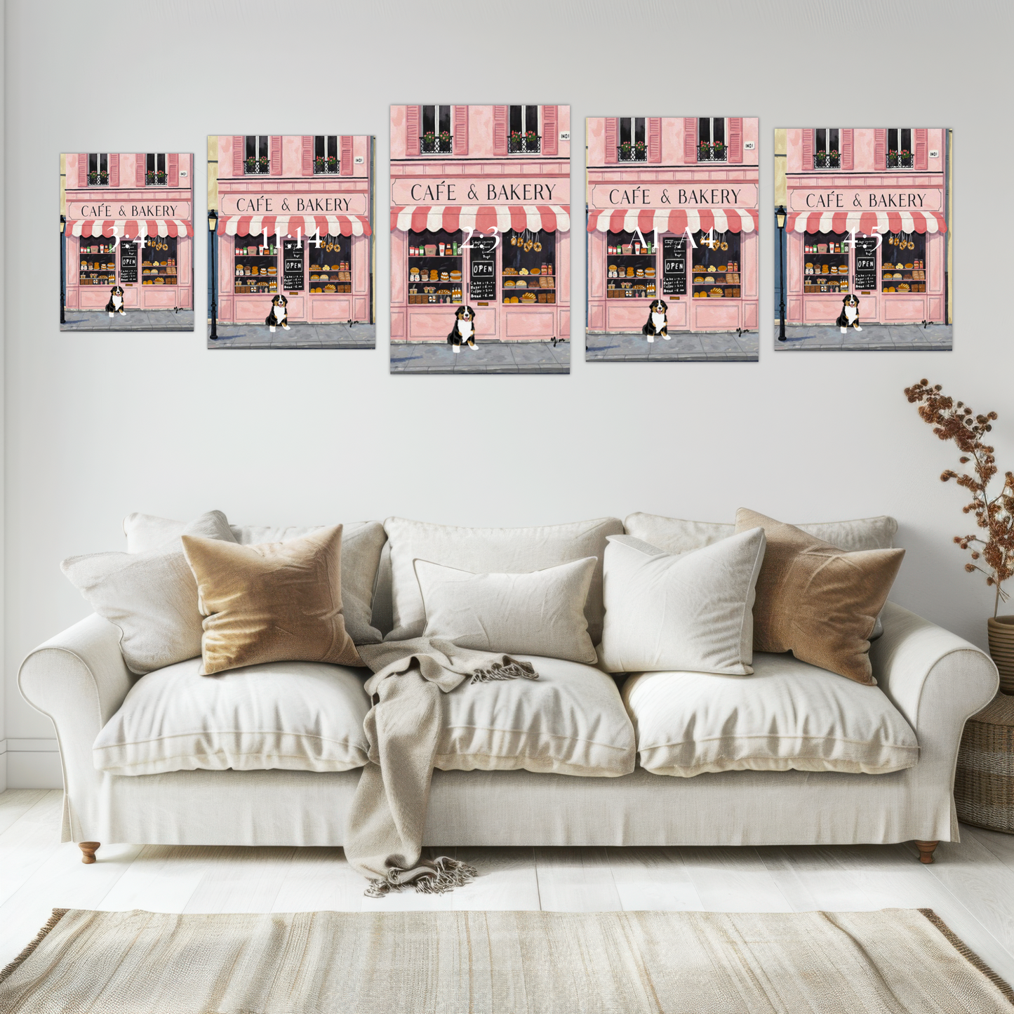 Cute Dog in Front of Pink Café and Bakery Wall Art French Bakery Illustration Poster Paris Street Scene Dog Lover Home Decor Poster