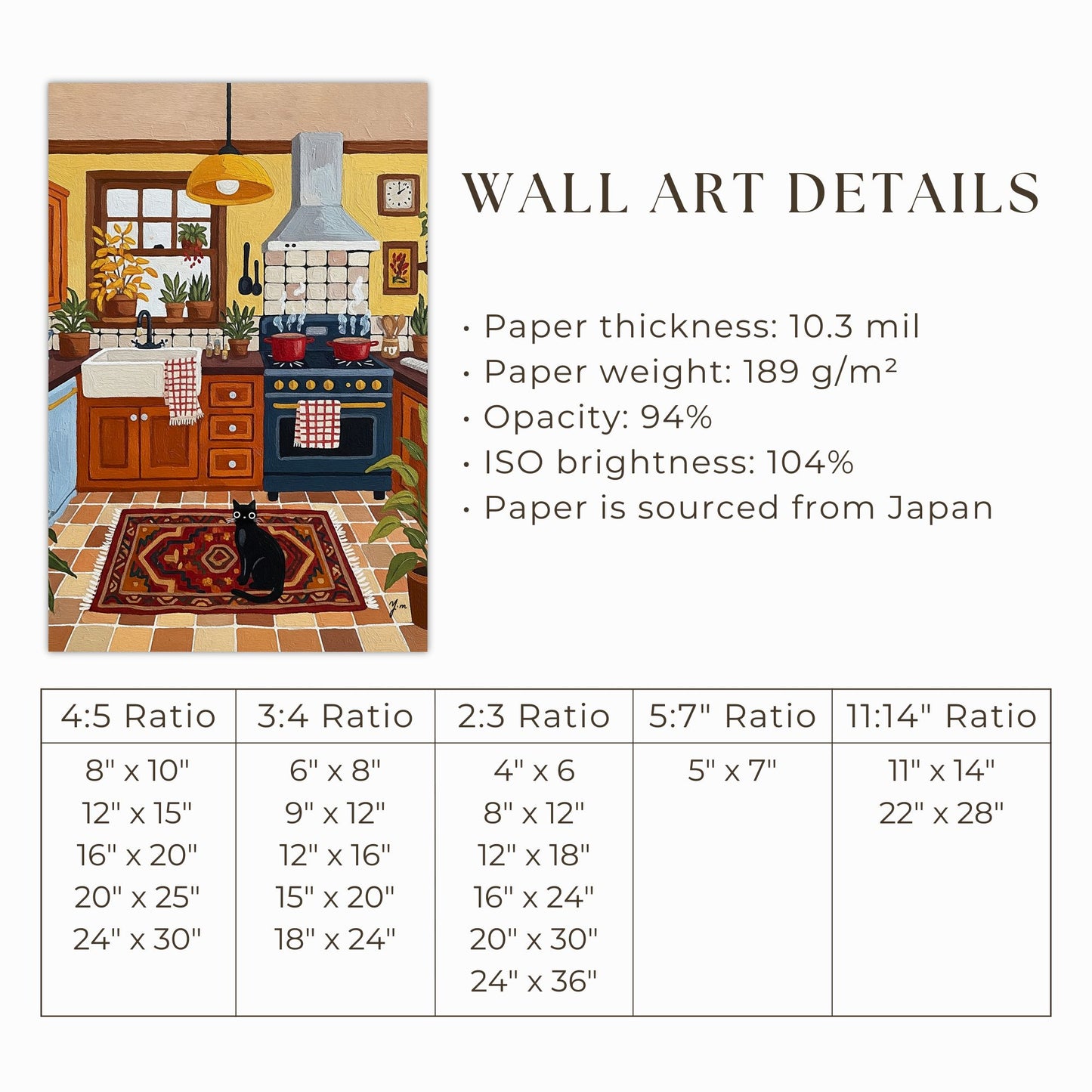 Rustic Kitchen Illustration with Black Cat, Plants, and Farmhouse Decor Poster Print