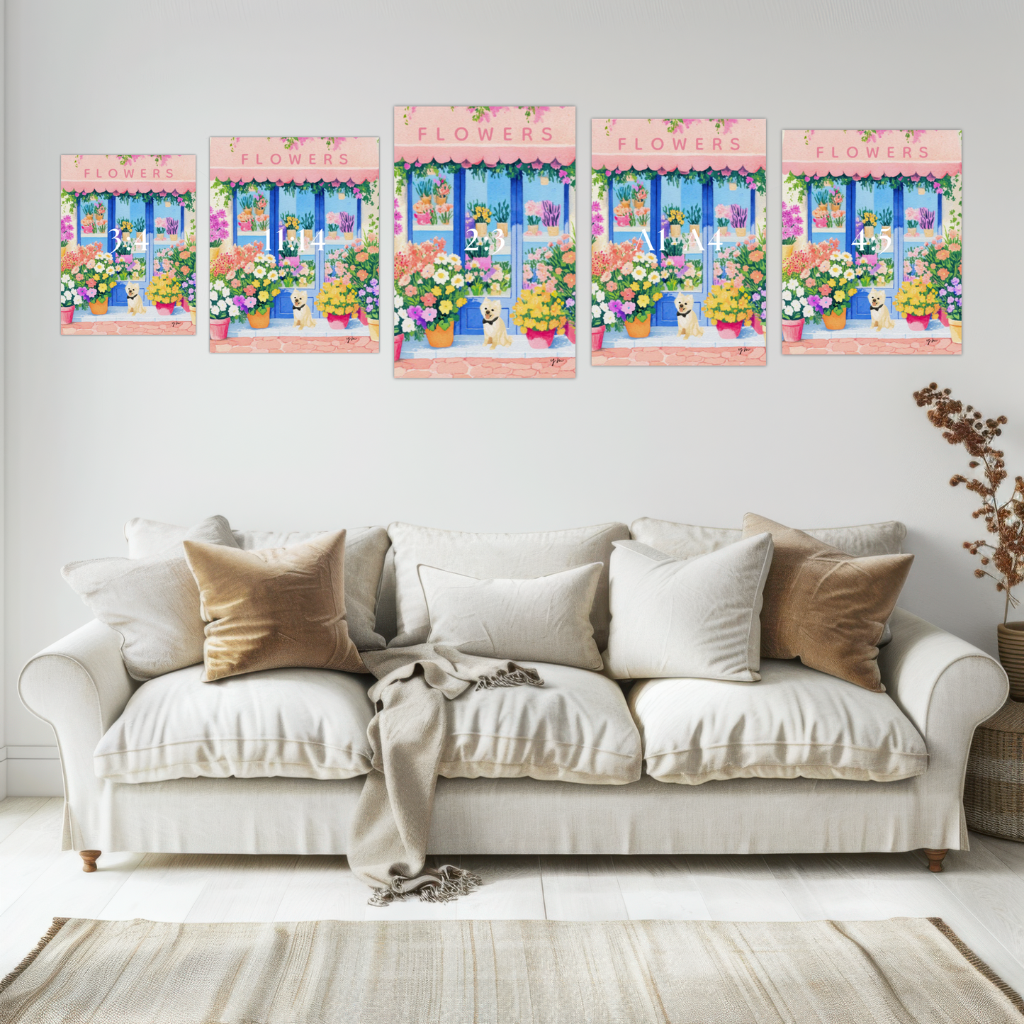 Cute Dog in Front of Colorful Flower Shop Wall Art Floral Boutique Print Spring Garden Dog Lover Poster French Market Illustration Poster