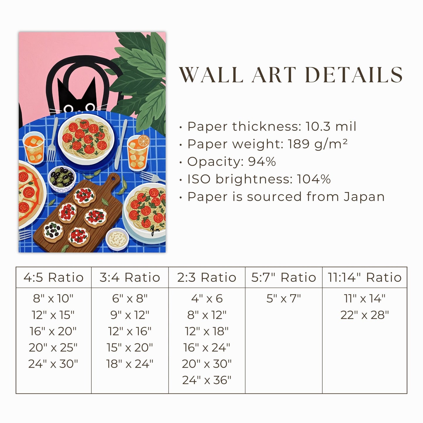 Black Cat Peeking at Italian Food Table Cute Funny Illustration Art Print Poster