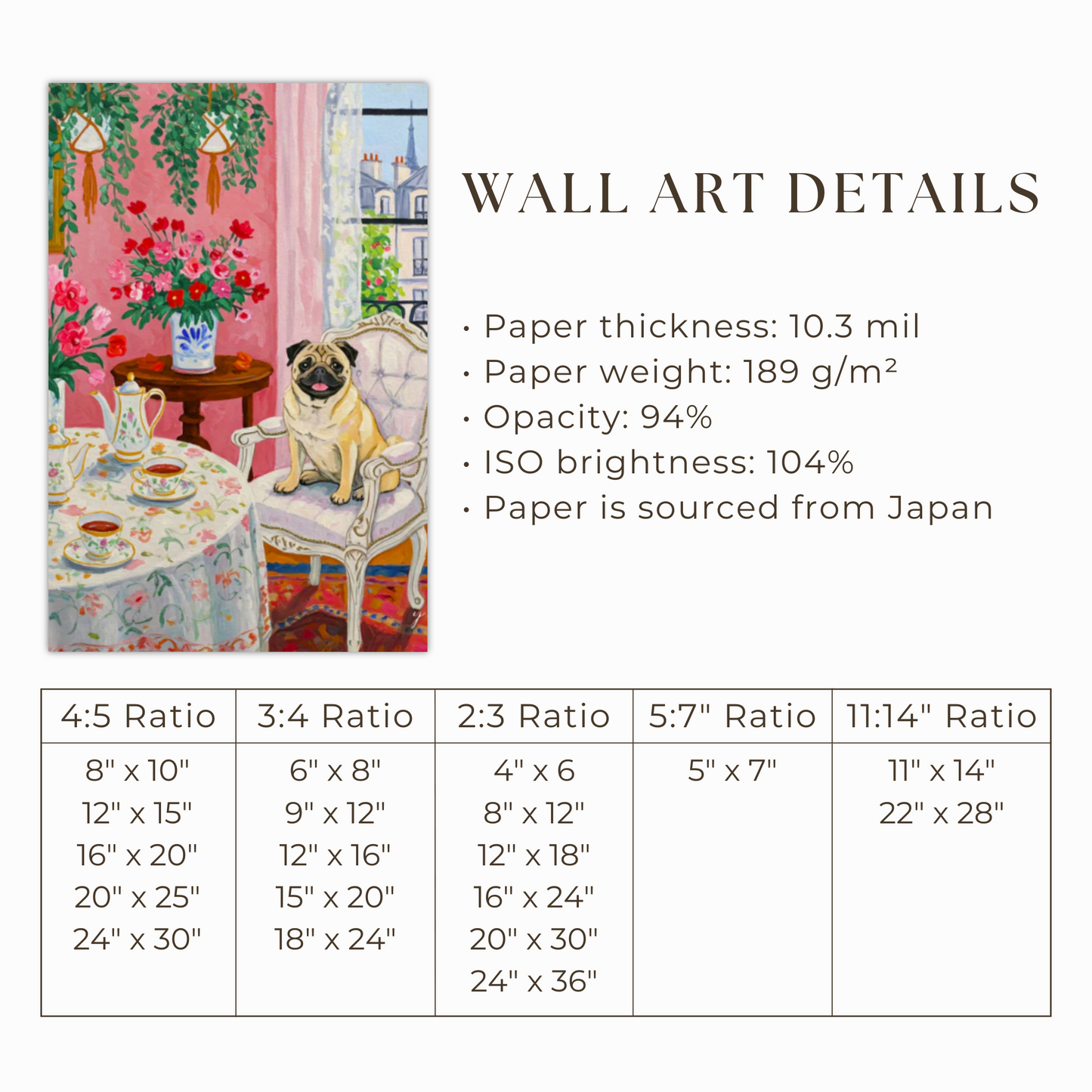 Pink Aesthetic Room Print Whimsical Pug Tea Time in Paris Maximalist Pink Room Art French Chic Pug Illustration