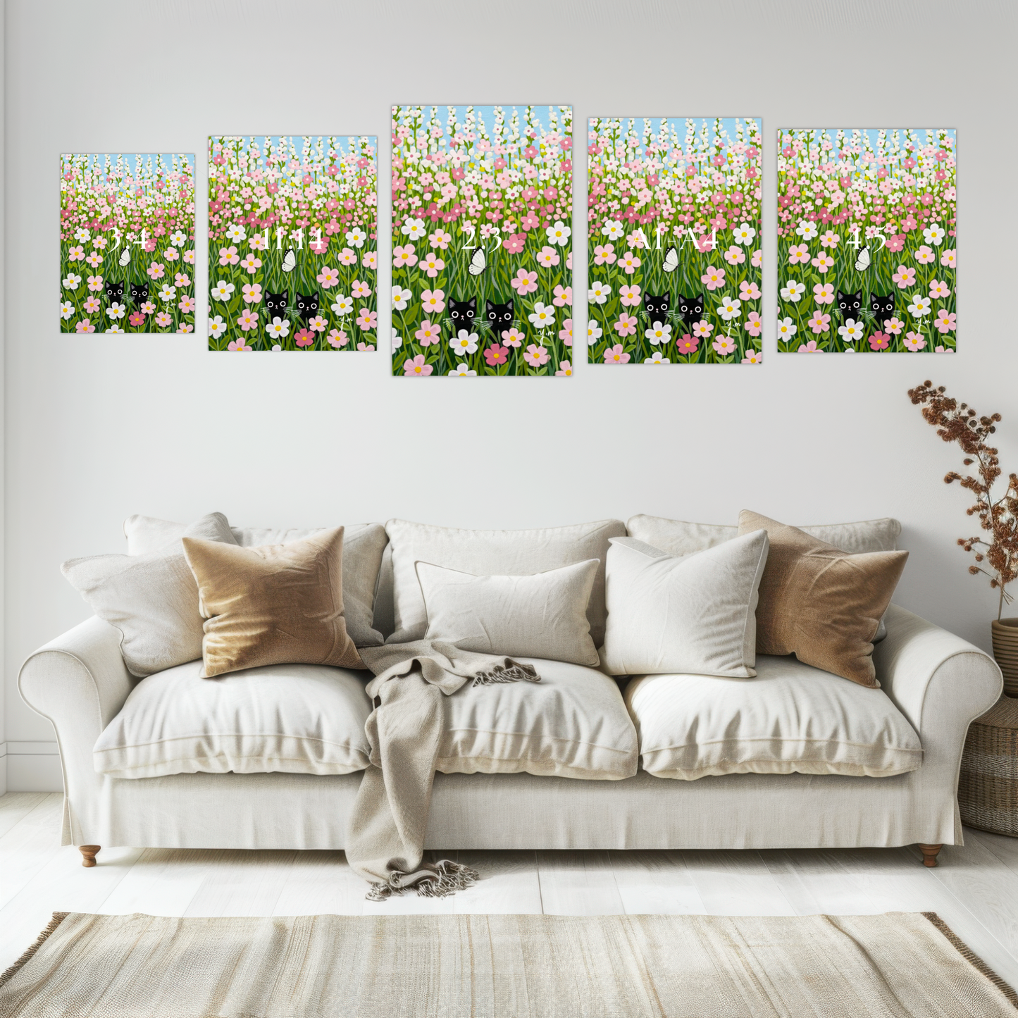 Whimsical Black Cats Hiding in Pink Flower Field with Butterfly Cute Pastel Cat Art Print for Nursery or Home Decor by YunaMoona