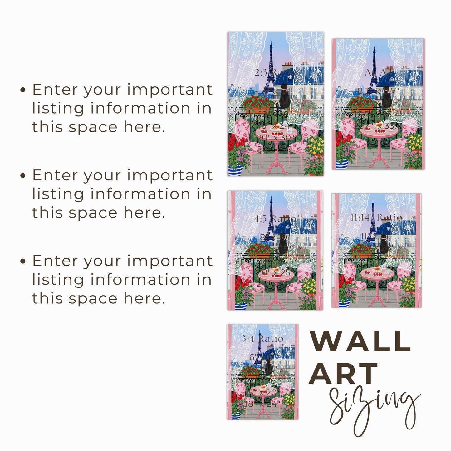 Paris Balcony Art Print with Eiffel Tower Black Cat Lace Curtains and Pink Café Table Scene