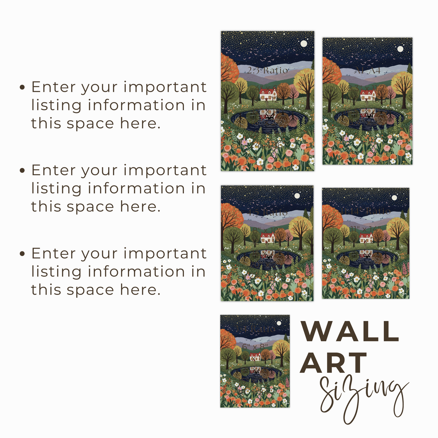 Whimsical Autumn Cat Art Print – Starry Night Cottage Landscape with Black Cat Reflection Poster