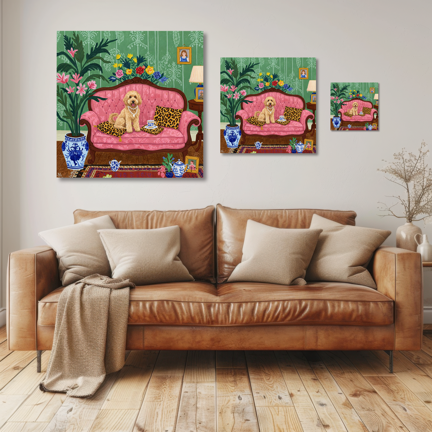 Elegant Dog on Pink Sofa Wall Art – Vintage Style Pet Print with Floral Decor & Tea Set Poster