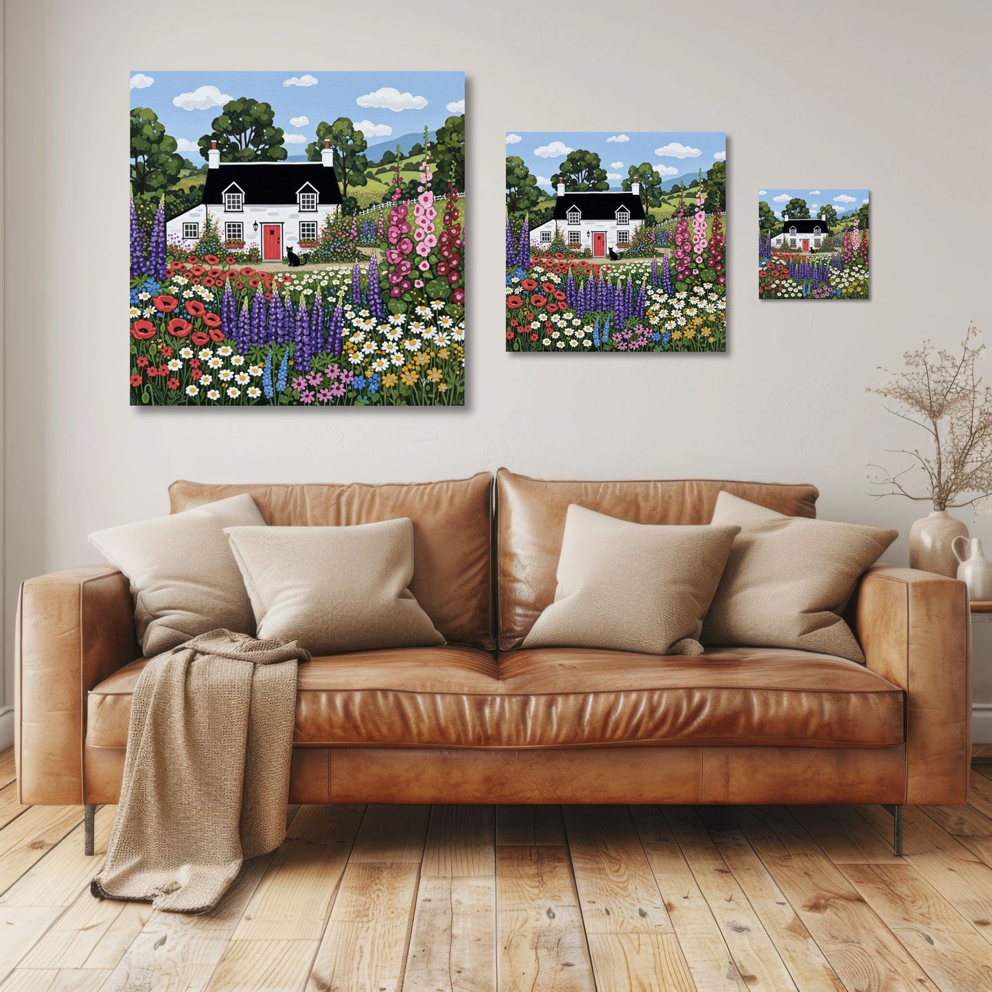 Charming Cottage Garden Art with Black Cat and Colorful Wildflowers Cozy Floral Wall Decor