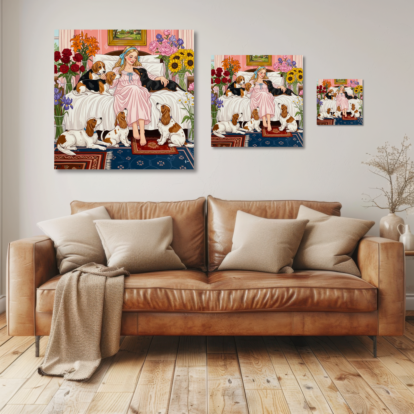 Girl with Dogs Art Print Romantic Floral Bedroom Whimsical Pet Illustration Wall Decor Poster