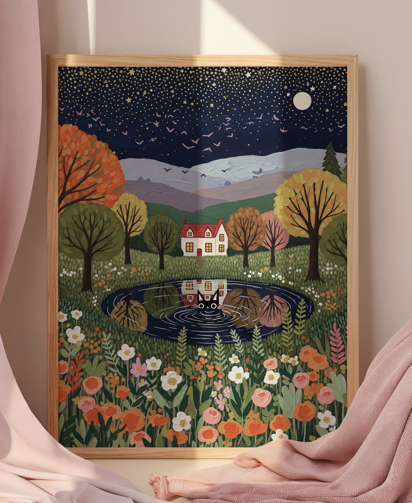 A cozy cottage surrounded by colorful autumn trees and flowers under a starry night sky, with a black cat’s reflection appearing in a quiet pond.

