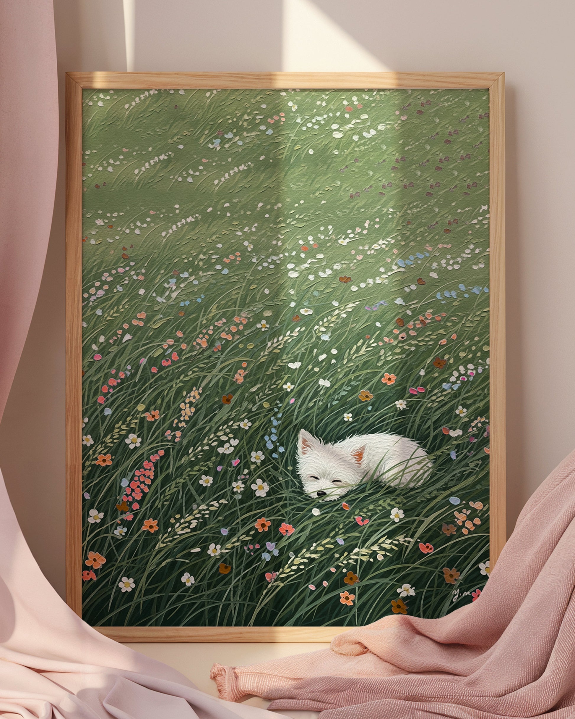 A white dog is peacefully sleeping in a lush green field full of wildflowers and tall grass, surrounded by colorful blooms in a serene natural setting.