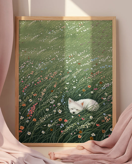 A white dog is peacefully sleeping in a lush green field full of wildflowers and tall grass, surrounded by colorful blooms in a serene natural setting.