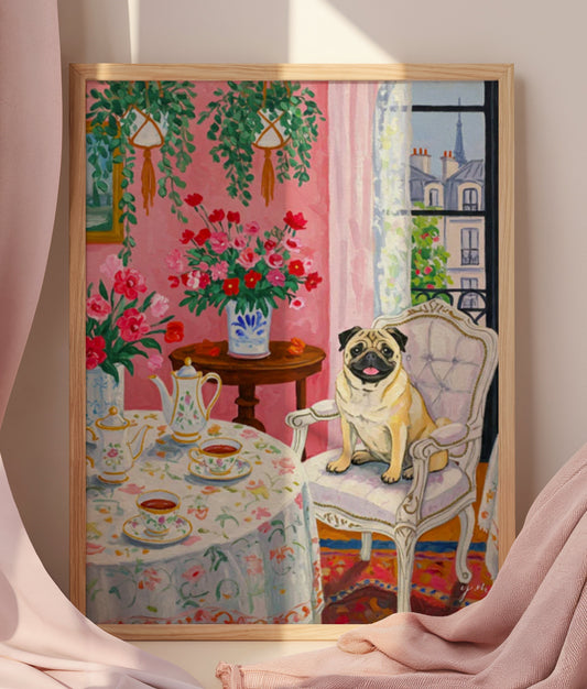 A charming illustration of a Pug dog drinking tea inside a maximalist pink room. The background shows a French landscape through a window. The room is decorated with ornate antique furniture and lush plants, creating a whimsical and opulent atmosphere.