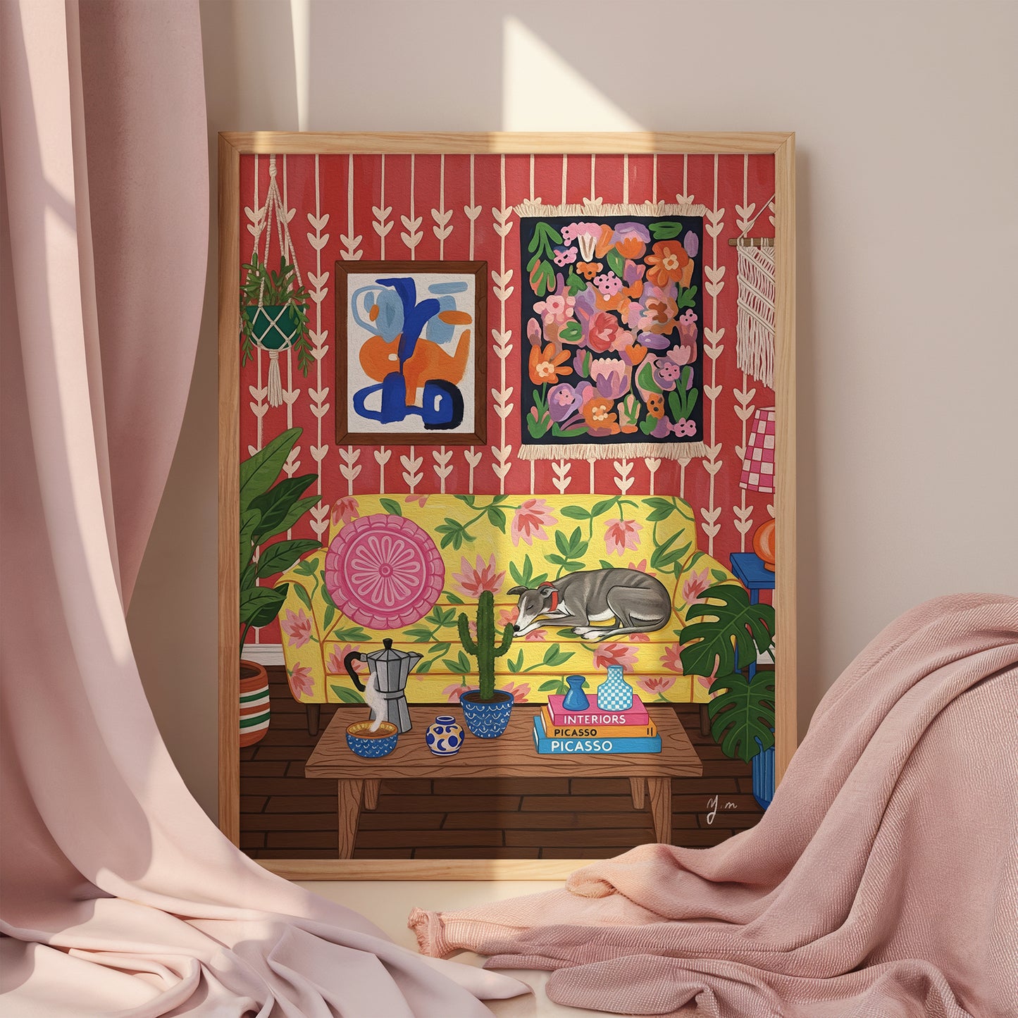 Whimsical Greyhound Living Room Art Print Dog Sleeping on Floral Sofa Boho Interior Illustration Poster