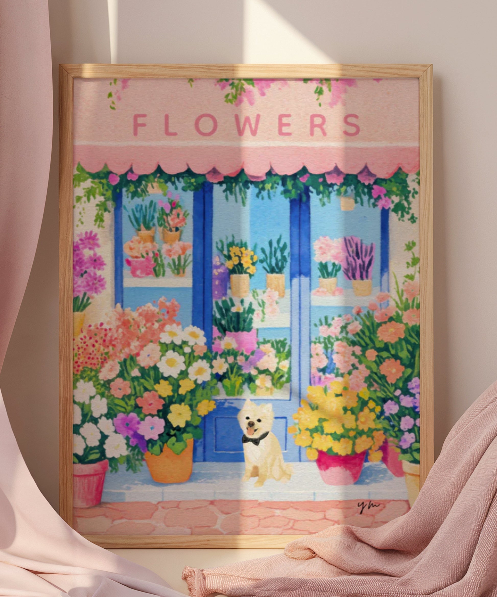 Whimsical illustration of a colorful flower shop with a white dog wearing a bow tie sitting in front. The storefront is filled with vibrant blooming flowers in pink, yellow, orange, and purple hues. Blue door and pink awning add a charming European market vibe. Perfect for spring, dog lovers, floral home decor, and garden-themed art prints.