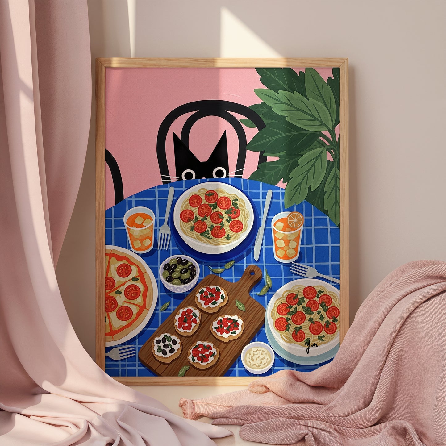 Black Cat Peeking at Italian Food Table Cute Funny Illustration Art Print Poster