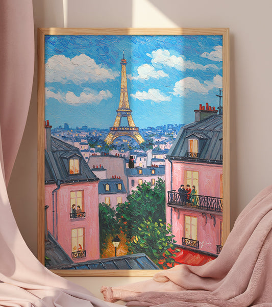 Paris Eiffel Tower Art Print Romantic Cityscape Wall Decor French Balcony Scene Poster