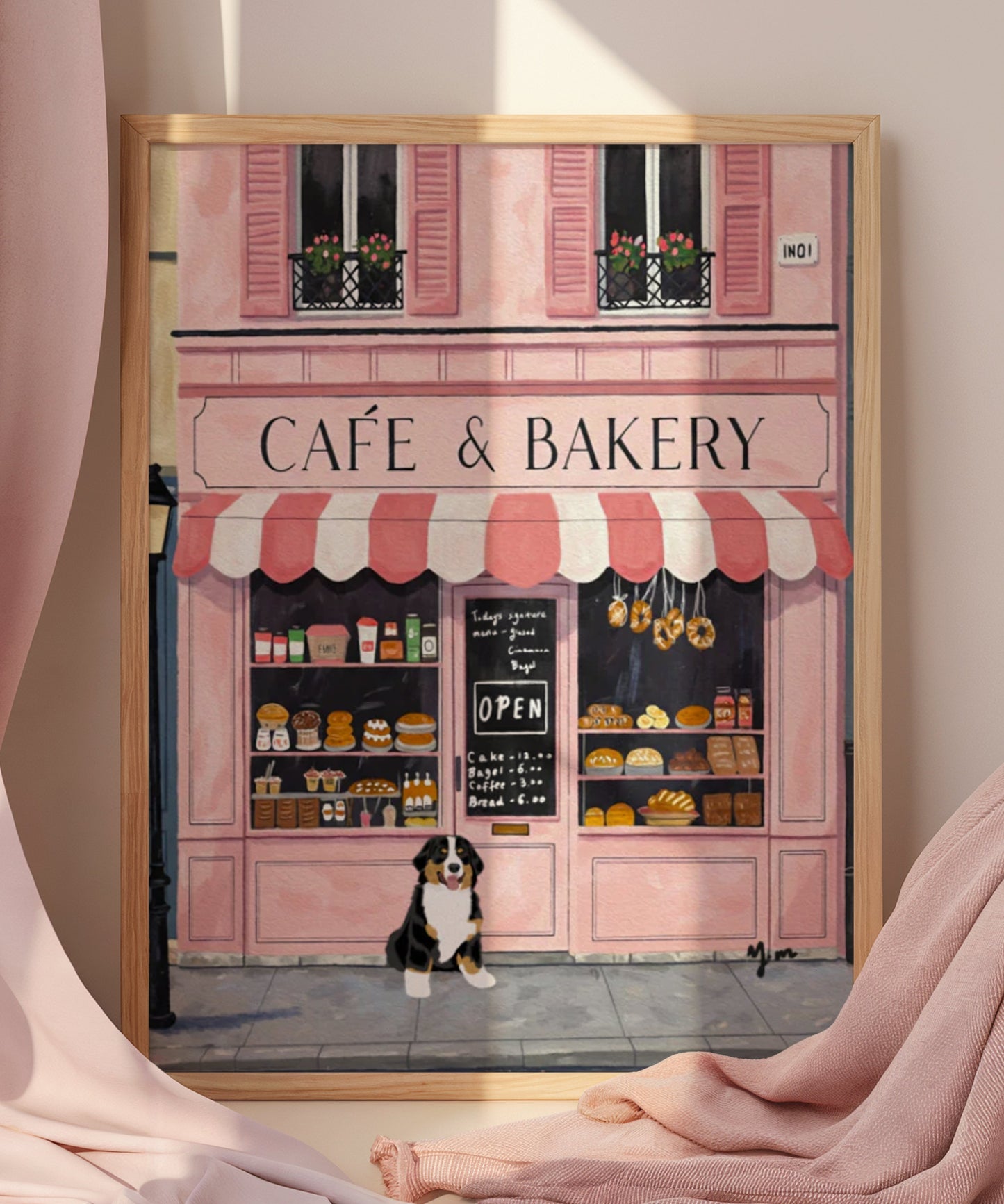 Charming illustration of a pink French café and bakery with a black and white dog sitting in front. The storefront features striped awnings, pastries in the window, and a chalkboard menu. Perfect Parisian street scene with cozy bakery vibes and cute dog charm. Ideal wall art for dog lovers, café enthusiasts, and fans of French-style decor.
