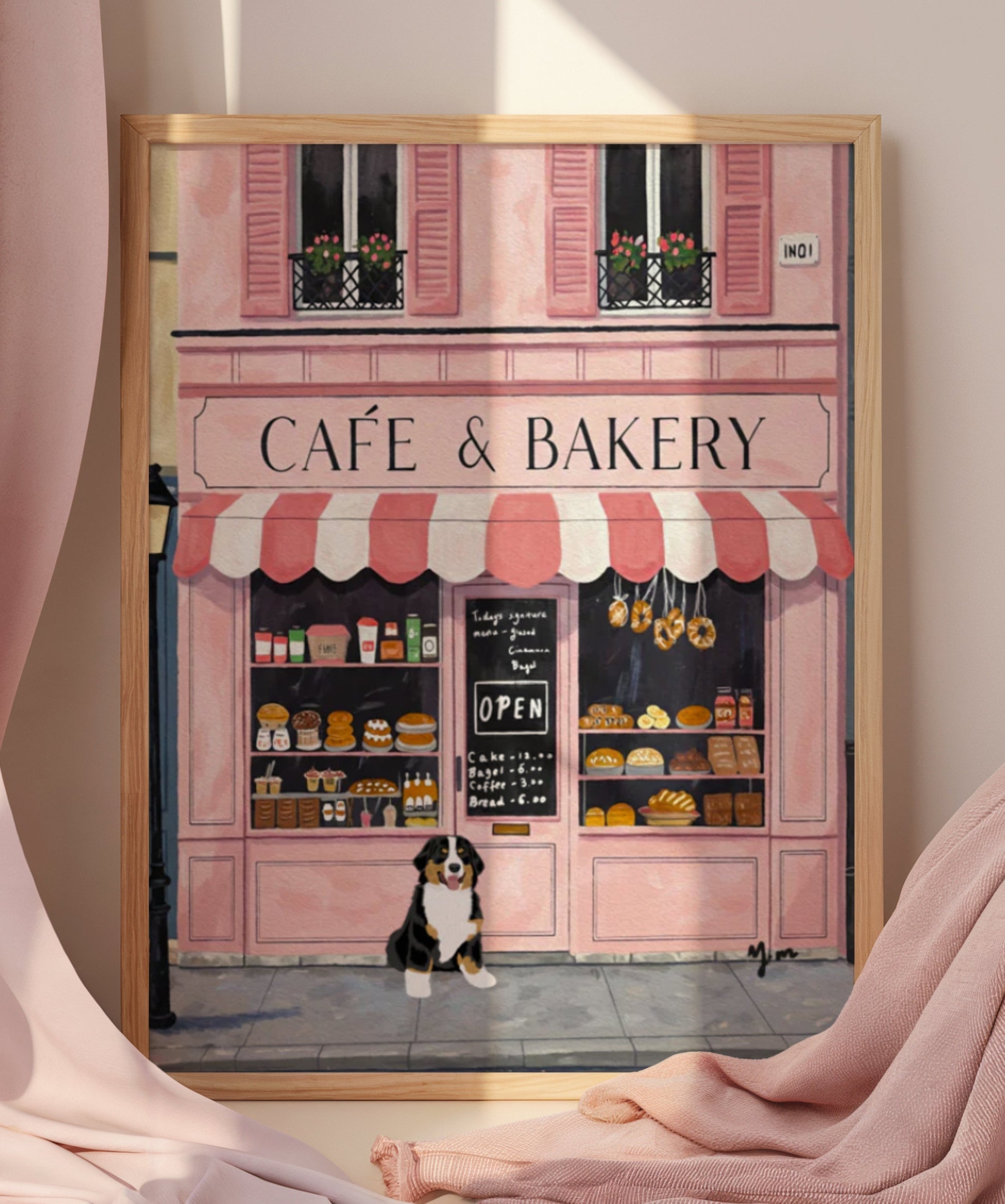 Charming illustration of a pink French café and bakery with a black and white dog sitting in front. The storefront features striped awnings, pastries in the window, and a chalkboard menu. Perfect Parisian street scene with cozy bakery vibes and cute dog charm. Ideal wall art for dog lovers, café enthusiasts, and fans of French-style decor.