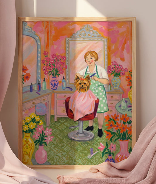Yorkshire Terrier getting styled at hair salon vibrant pink and orange floral background cute dog art print wall decor Poster