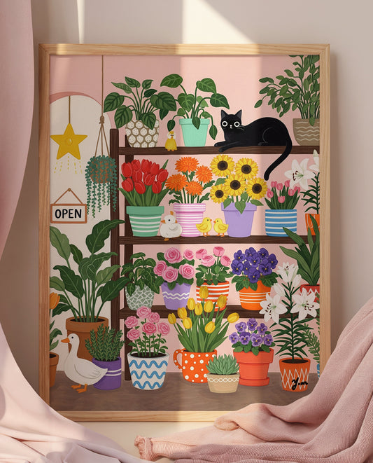 A whimsical illustration of a cozy flower shop filled with colorful potted flowers like tulips, roses, sunflowers, and lilies. A black cat lounges on a shelf, surrounded by cheerful ducks and a white goose. The scene is bright, playful, and perfect for spring or cottagecore decor.