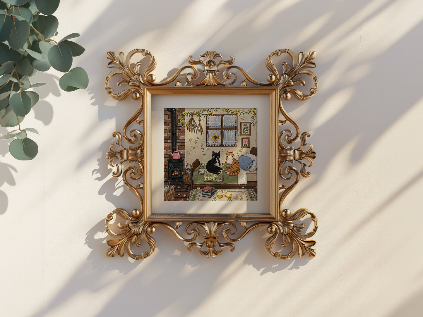 Two Cozy Cats in a Rustic Autumn Cabin with Warm Tea and Peaceful Vibes Poster