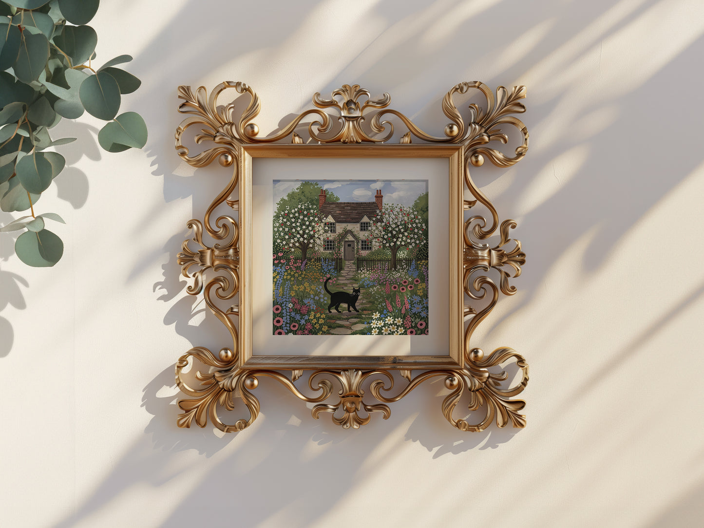 Whimsical Cottage Garden Art Print with Black Cat – Floral Countryside House Illustration for Home Decor Poster