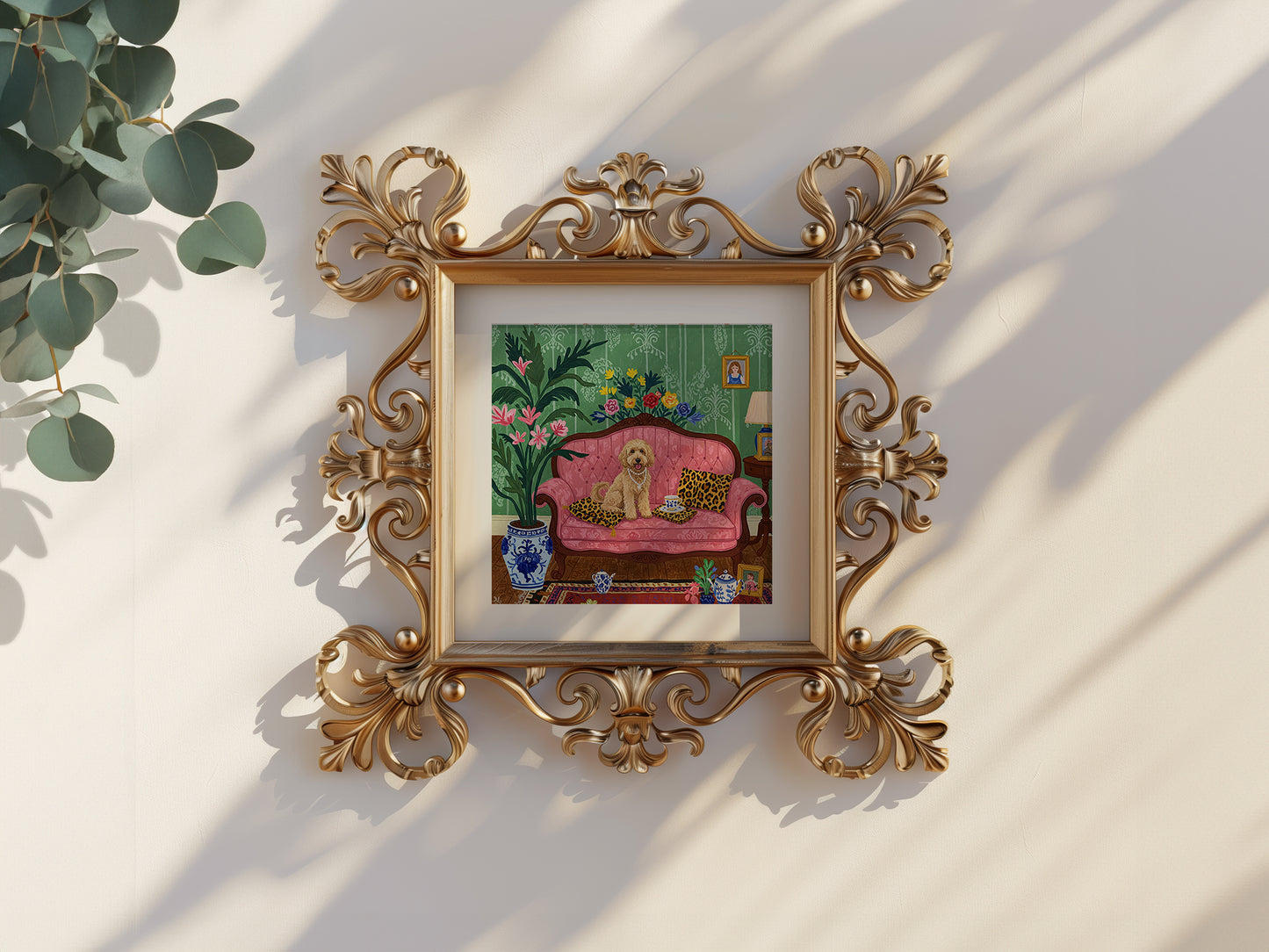 Elegant Dog on Pink Sofa Wall Art – Vintage Style Pet Print with Floral Decor & Tea Set Poster