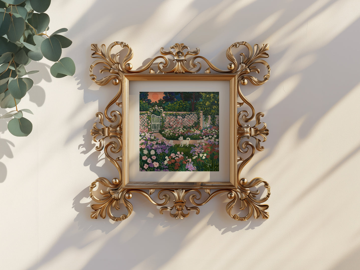 White Dog in a Secret Garden – Whimsical Floral Landscape Art Print Poster