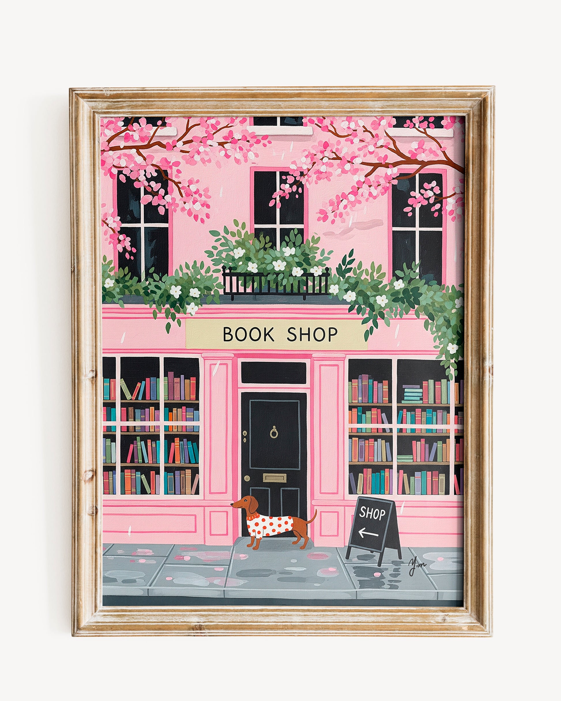 Dachshund in red polka dot sweater standing in front of pink bookshop with cherry blossoms and books