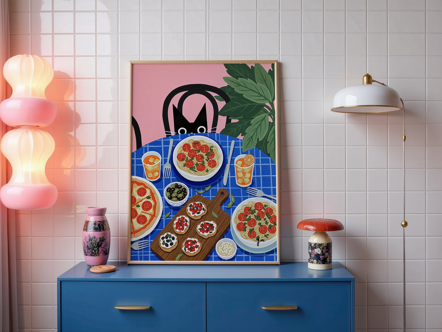 Black Cat Peeking at Italian Food Table Cute Funny Illustration Art Print Poster