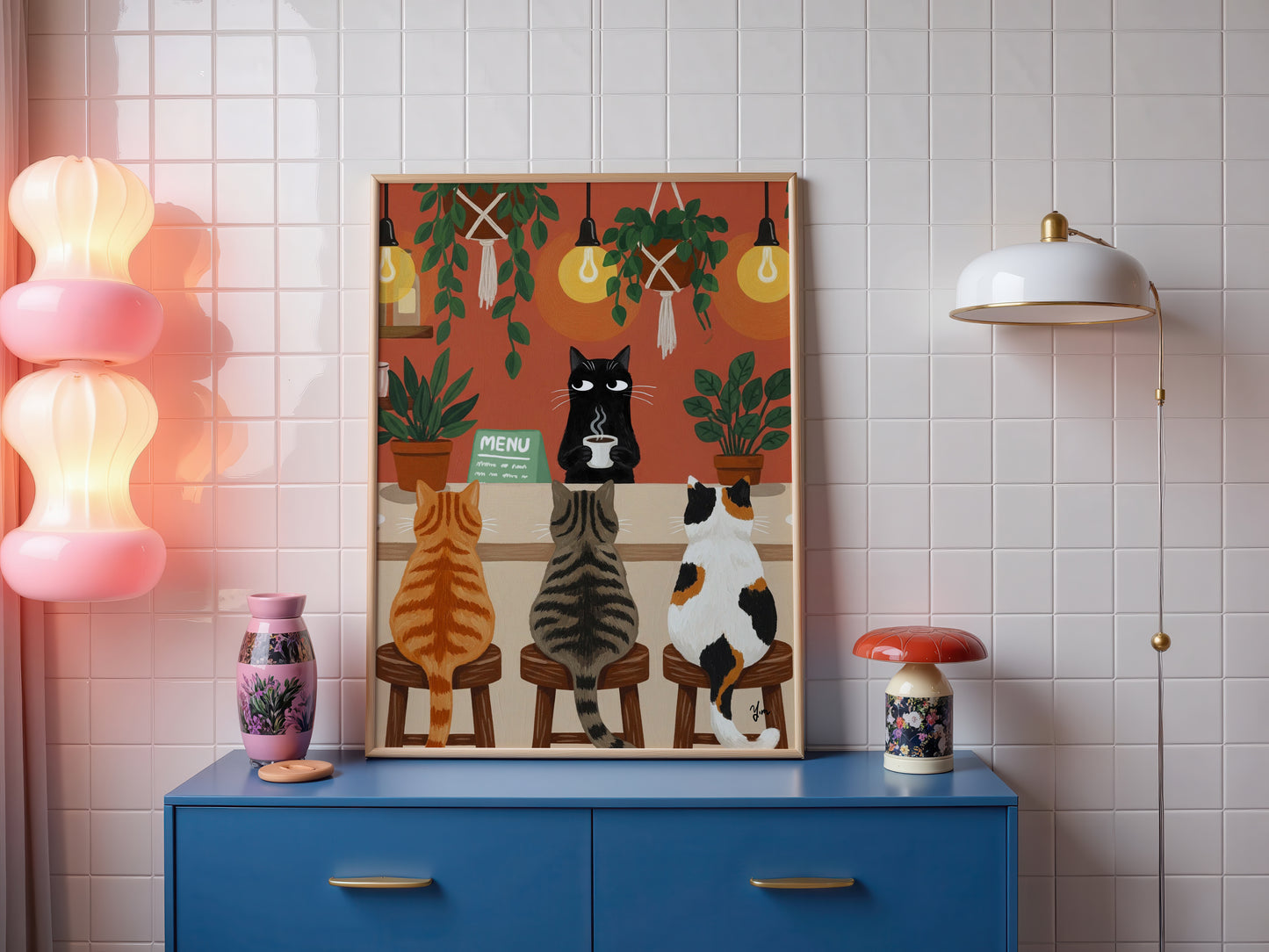 Whimsical Cat Café Art Print – Cozy Feline Coffee Scene with Hanging Plants Print Poster